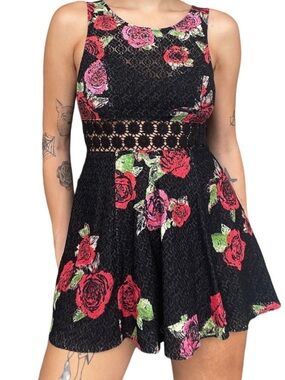 Free People Women’s Black Lace Rose Floral Mini Sleeveless Skater Dress Size 8